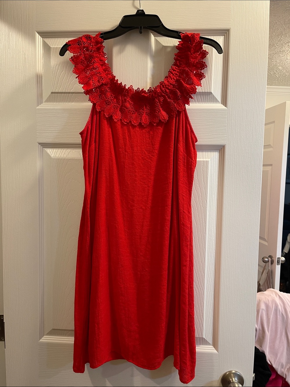 Kim Rogers Vibrant Red Sleeveless Dress with Lace Trim